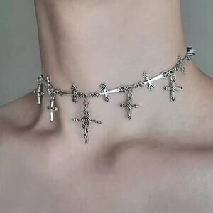 Gothic Cross Choker Necklace – Silver Metal Punk Grunge Rose Pendant Jewelry